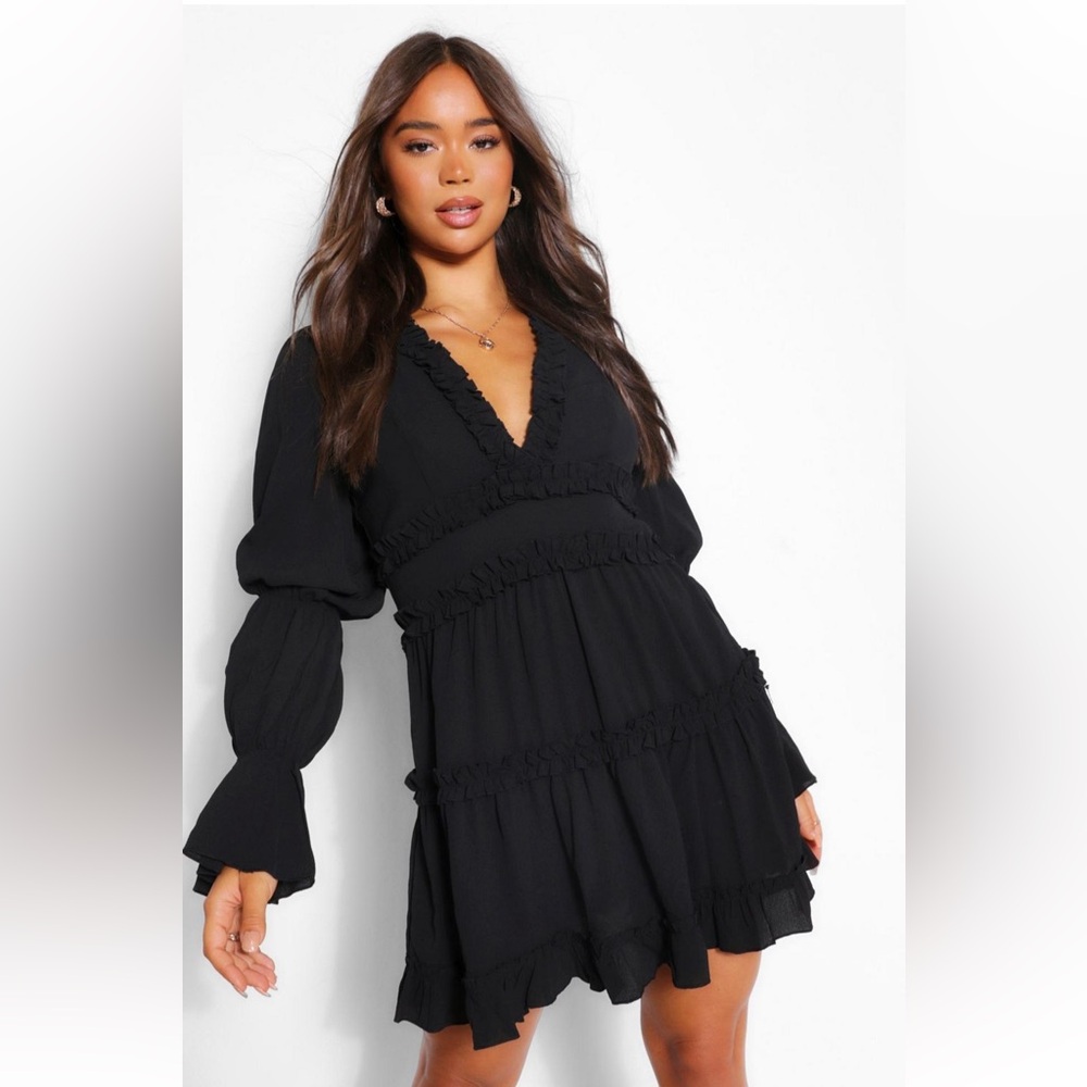 Black Ruffle Tiered Long Sleeve Dress